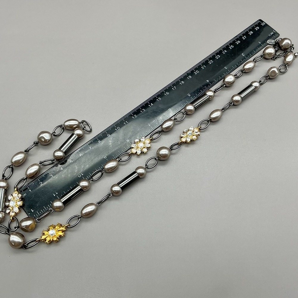 Lia Sophia Gunmetal Faux Pearl Crystal Floral Station Necklace Retired 28 Inch - Picture 2 of 9